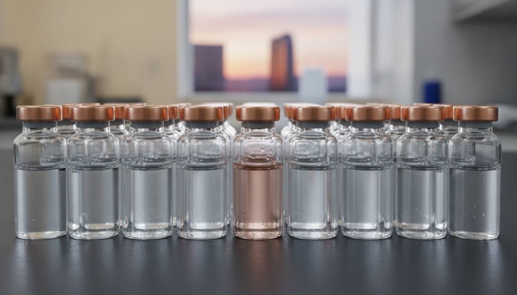 Fila de viales de vidrio con tapas de color cobre sobre una mesa de laboratorio; el vial central contiene líquido de color cobre.