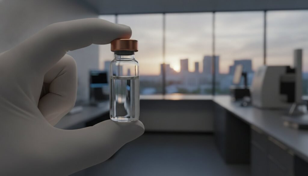 Gloved hand holding a small vial of clear liquid in a modern lab with a city skyline through windows at sunset.