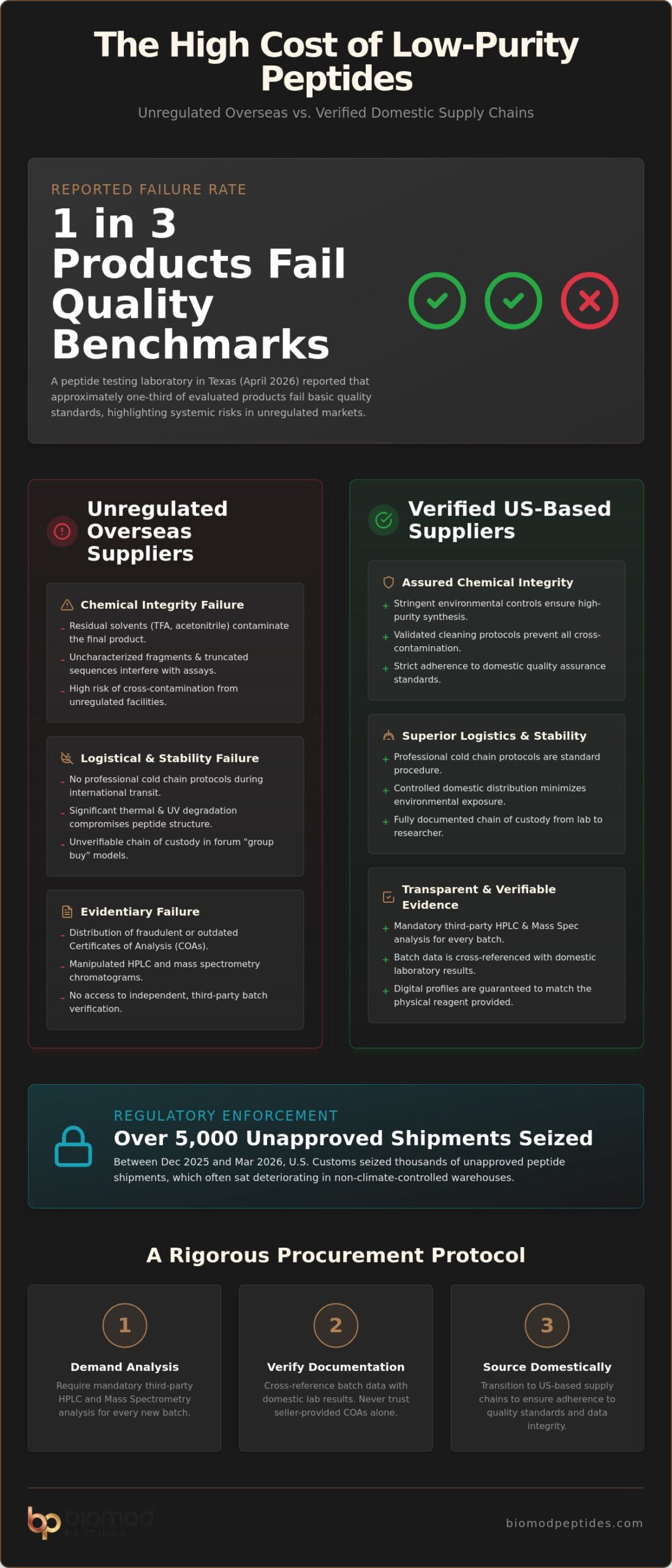 Los Riesgos Analíticos de Adquirir Péptidos de Investigación de Foros Extranjeros - Infografía - Biomod Peptides Los riesgos analíticos de adquirir péptidos de investigación en foros extranjeros