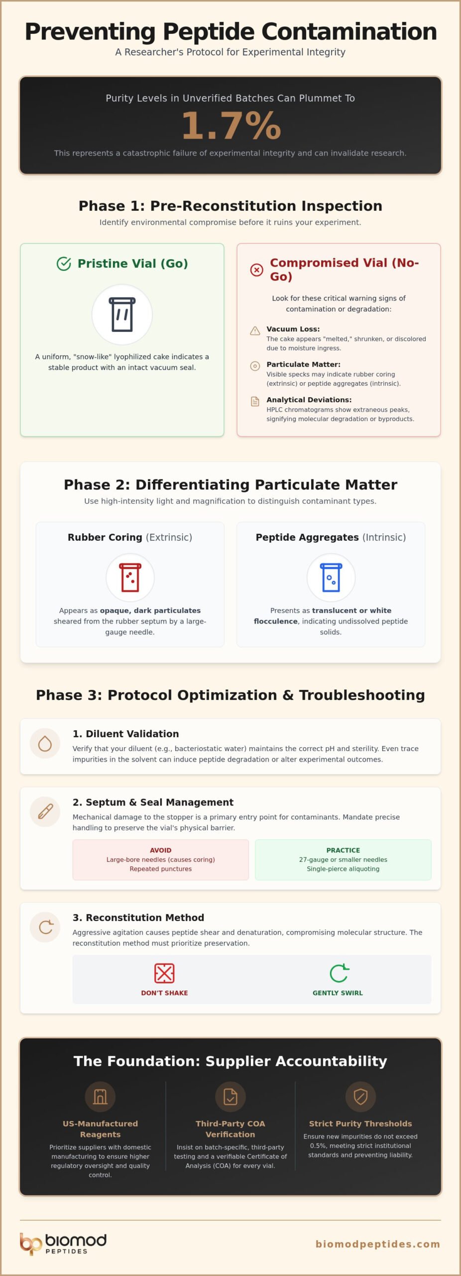 Troubleshooting Contaminated Peptide Vials A Clinical Diagnostic Checklist - Infographic - Biomod Peptides Troubleshooting Contaminated Peptide Vials: A Clinical Diagnostic Checklist