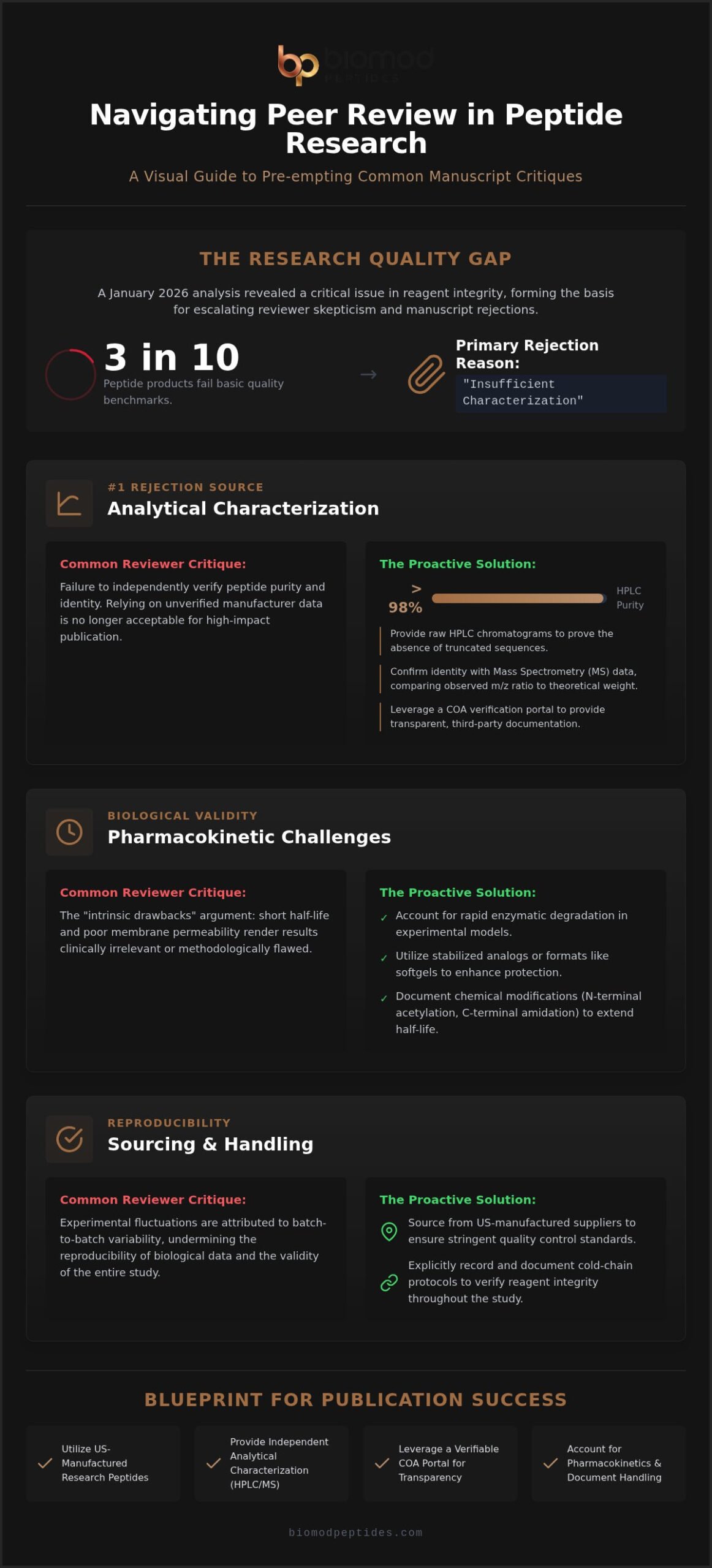 Críticas Comunes de Revisores a Estudios de Péptidos que Abordan el Rigor Analítico en 2026 - Infografía - Biomod Peptides Críticas comunes de los revisores a los estudios de péptidos: Abordando el rigor analítico en 2026