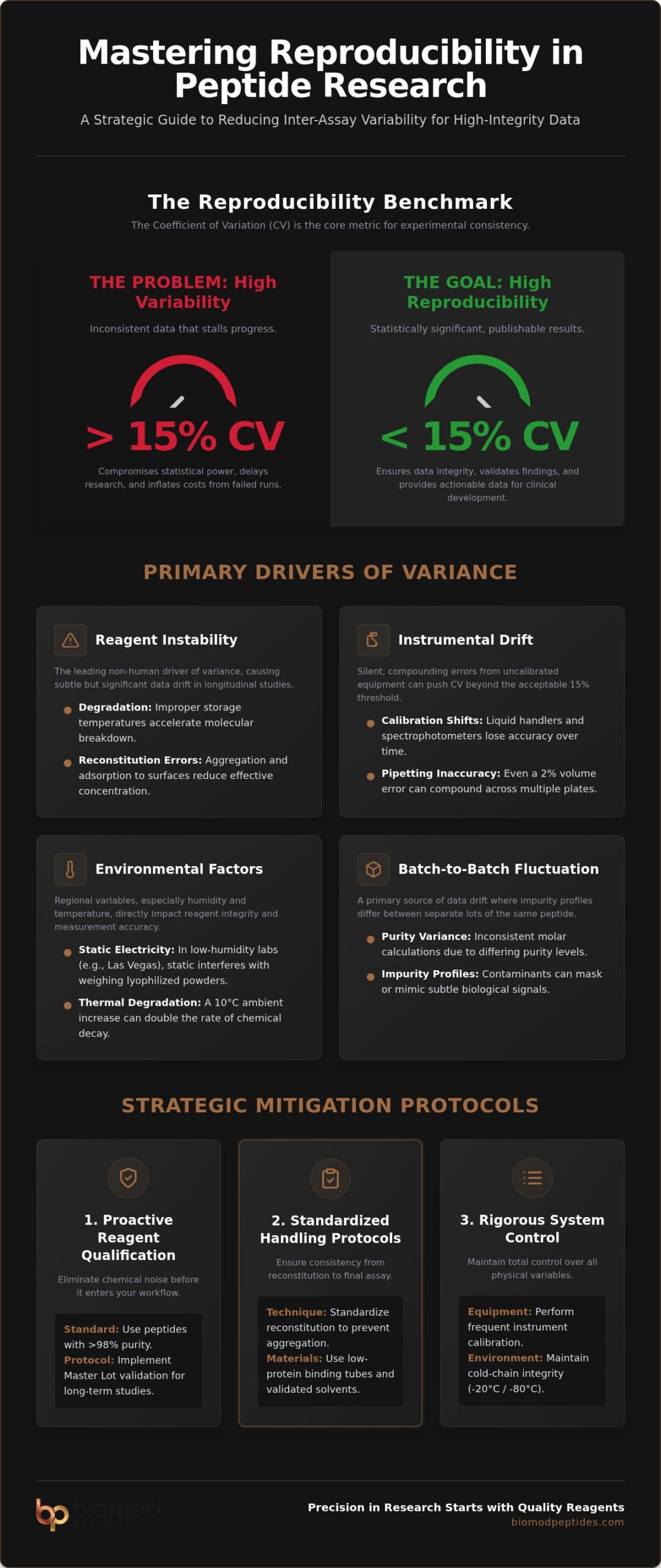 Mitigation of Inter-Assay Variability in Peptide Experiments Analytical Standards for 2026 - Infographic - Biomod Peptides Mitigation of Inter-Assay Variability in Peptide Experiments: Analytical Standards for 2026