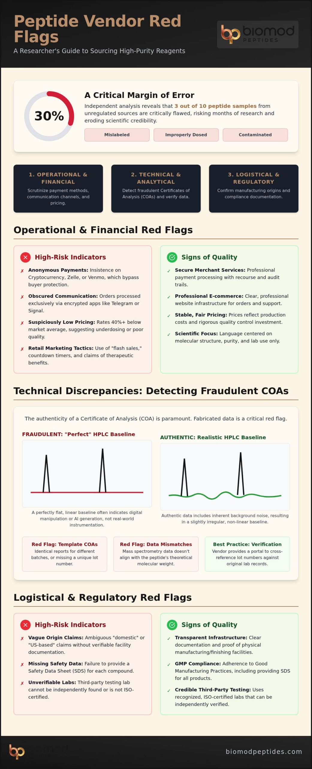 Peptide Vendor Red Flags A Researchers Checklist for Analytical Integrity 2026 - Infographic - Biomod Peptides Peptide Vendor Red Flags: A Researcher’s Checklist for Analytical Integrity (2026)