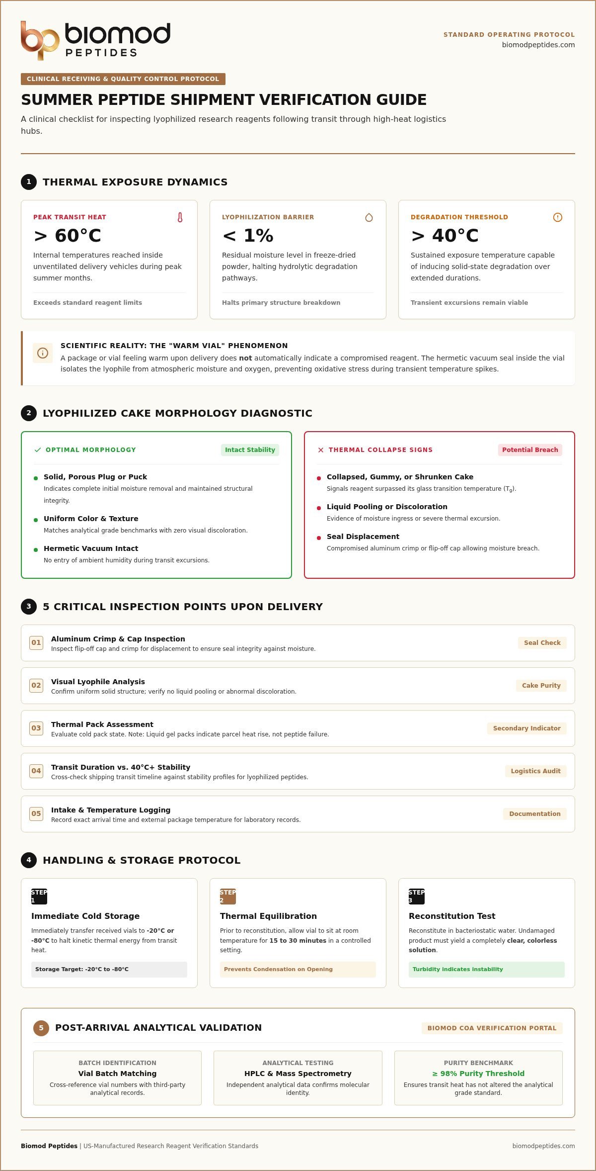 Verification Protocol What to Check in a Peptide Shipment During Summer - Infographic - Biomod Peptides Verification Protocol: What to Check in a Peptide Shipment During Summer